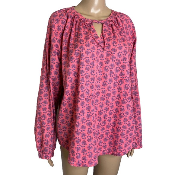Women's Large Orvis Pink Pattern Keyhole Tie Front Cotton Popover Boho Blouse - Picture 2 of 5
